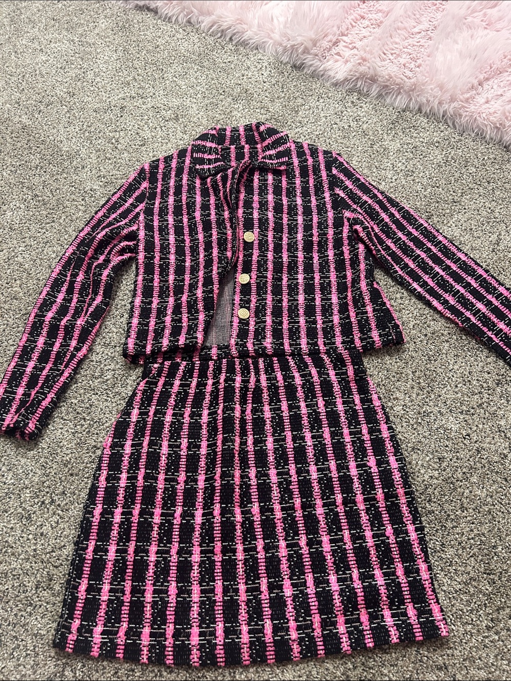 SHEIN Pink and Black Tweed Skirt Set - Cropped Jacket & A-Line Skirt